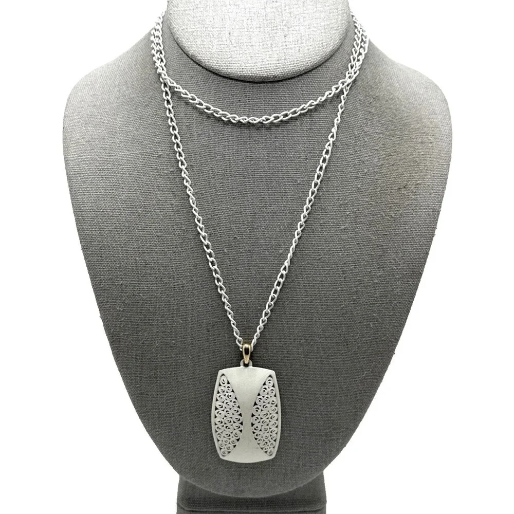 Vintage MCM White Enameled Metal Pendant Necklace Filigree Statement 31